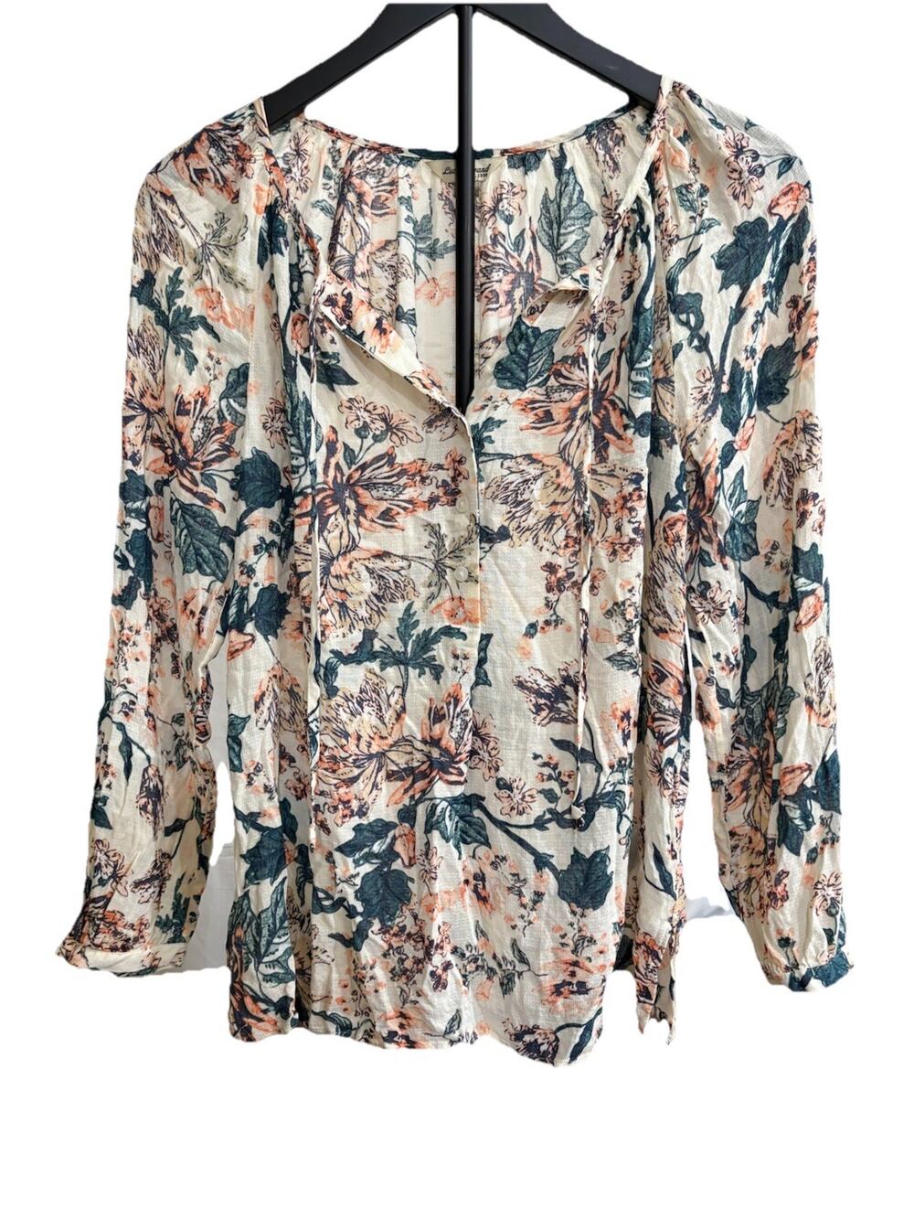 Lucky Brand Top Womens Multicolor Floral Tie Neck Long Sleeve Boho Blouse Medium
